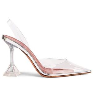 Amina Muaddi Silver and Pink Slingback Heels